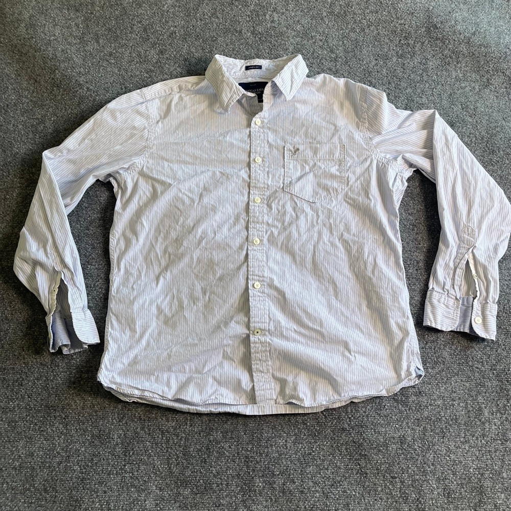 American Eagle Mens Athletic Fit Pinstripe Button Down Shirt Blue White Large